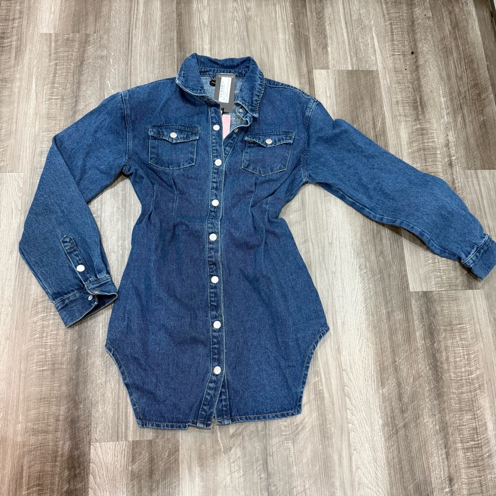PrettyLittleThing Mid Wash Cinched Waist Long Sleeve Denim Dress